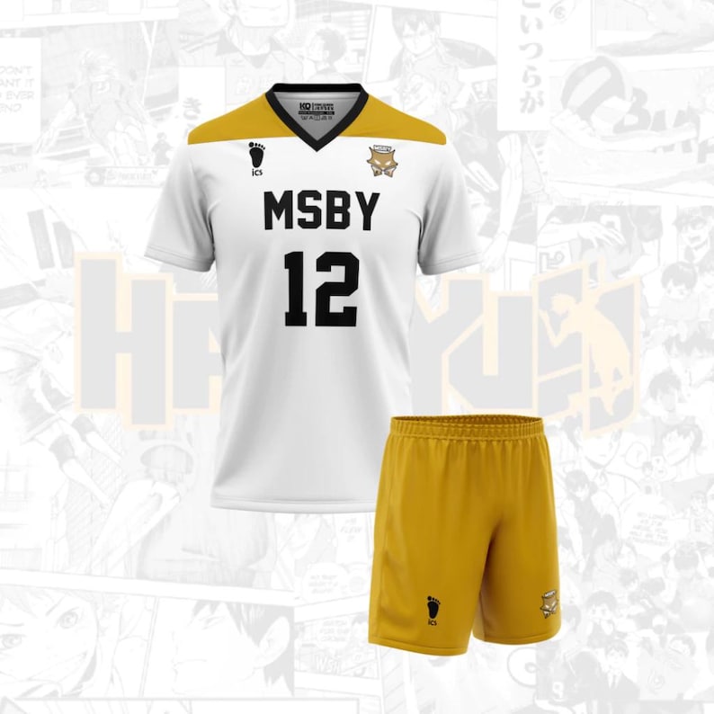 May include: White and gold volleyball jersey and shorts set. The jersey has a V-neck and the text "MSBY 12" in black. The shorts are gold. The set includes the team logo and a foot print logo.