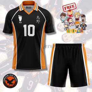May include: Black and orange volleyball jersey and shorts set. The jersey features the number 10 in white, Japanese text, and a foot graphic. Includes a sticker sheet with cartoon characters and the text "FREE".