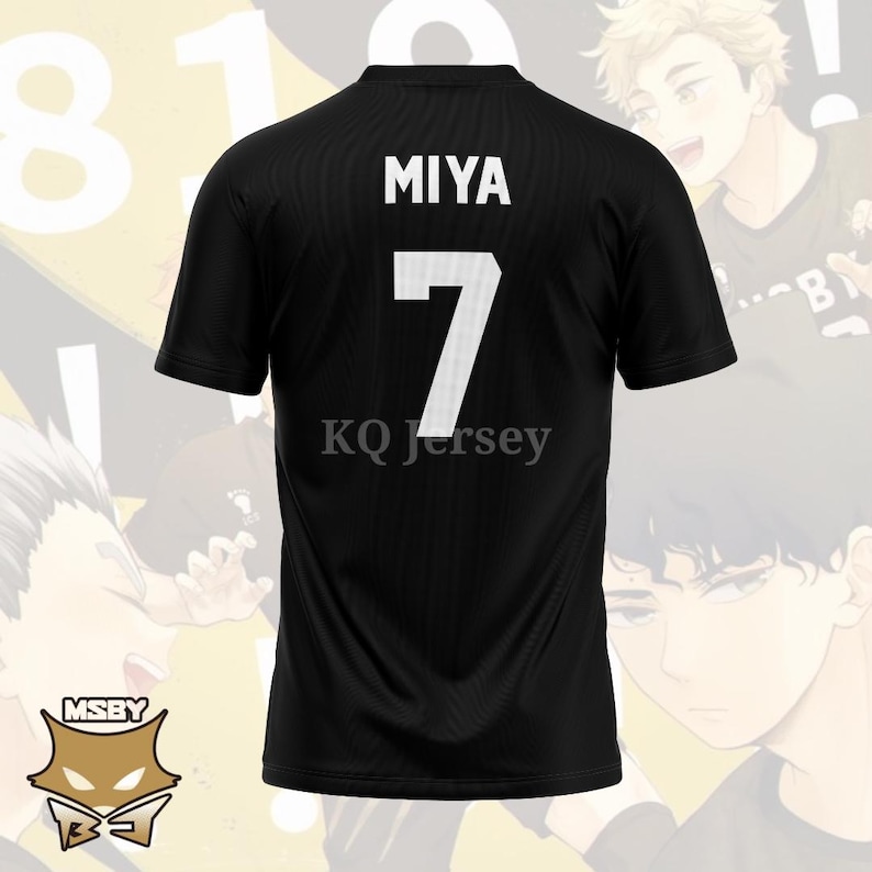May include: Black athletic jersey with the name "MIYA" and the number "7" in white on the back. The text "KQ Jersey" is below the number. The jersey has short sleeves and a crew neck. The MSBY logo is in the bottom left corner.