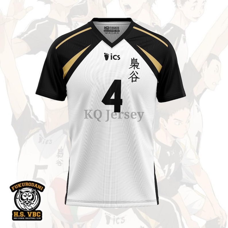 May include: White and black volleyball jersey with the number 4 in black. The jersey has a V-neck and gold accents on the shoulders. The text "KQ Jersey" is printed on the front. A team logo is at the bottom.