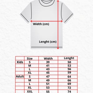 May include: A white t-shirt diagram with measurements in centimeters. The image includes a size chart for kids and adult sizes, detailing width and length measurements for each size, from S to XXL. Text at the top reads "Size Chart" and "KQ JERSEY."