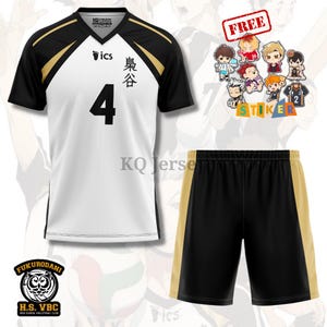 May include: White and black volleyball jersey and shorts set. The jersey has black sleeves and gold accents, with the number 4 on the front. Includes a sticker sheet with cartoon characters and the text "FREE". The Fukurodani H.S. VBC logo is also visible.