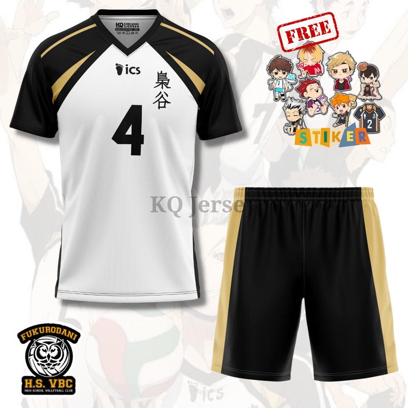 May include: White and black volleyball jersey and shorts set. The jersey has black sleeves and gold accents, with the number 4 on the front. Includes a sticker sheet with cartoon characters and the text "FREE". The Fukurodani H.S. VBC logo is also visible.