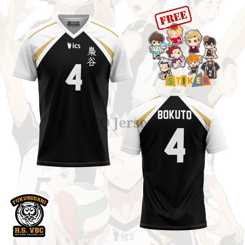 May include: Black and white volleyball jersey with gold accents, featuring the number 4. The front has Japanese text and the logo "ics". The back displays "BOKUTO" and the number 4. Includes a "FREE" sticker sheet with cartoon characters.