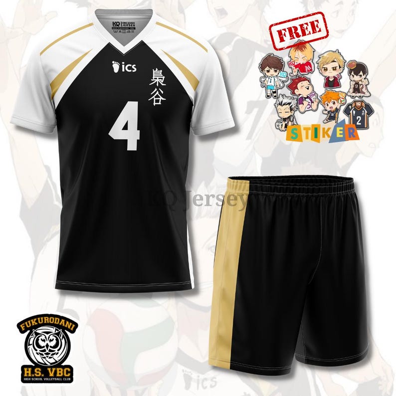 May include: Black and white volleyball jersey with gold accents, featuring the number 4. Includes matching black shorts with gold side panels. A sticker sheet with cartoon characters is also included. The jersey has the text "FUKURODANI H.S. VBC".