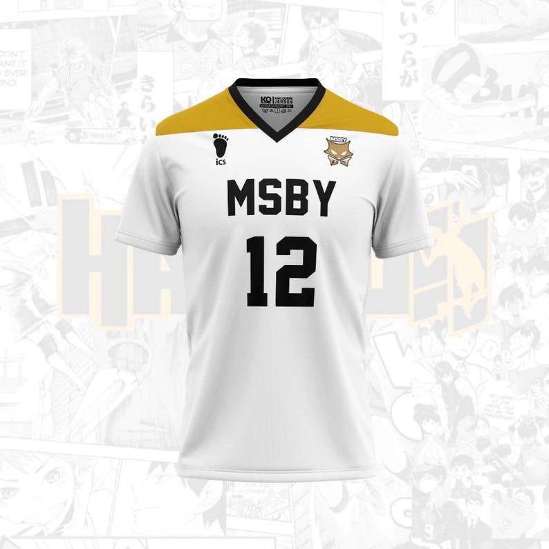 May include: White short-sleeved jersey with a gold and black collar and shoulder yoke. The jersey features the text "MSBY" and the number "12" in black. A team logo is on the right chest.