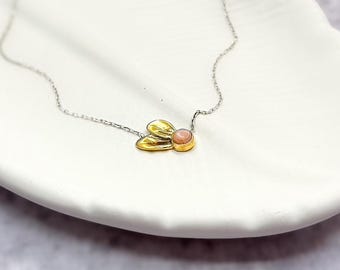 Handmade Peach Moonstone Necklace: 14K Gold Leaf, Sterling Silver