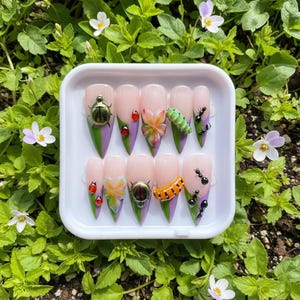 Handmade Nature Bug Press On Nails | Beetles, Caterpillar, Ladybugs & Ants 3D Art | Stiletto Nails For Garden Vibe