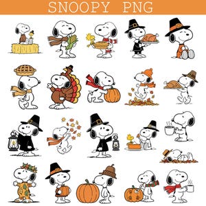 May include: A collection of Snoopy digital illustrations featuring the character in various autumn and Thanksgiving-themed poses, including wearing pilgrim hats, holding pumpkins, corn, pies, and turkeys, with the text SNOOPY PNG at the top.