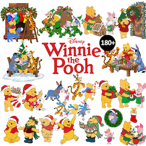 May include: A collection of Disney Winnie the Pooh character illustrations featuring Pooh, Tigger, Piglet, and Eeyore in various Christmas-themed scenes, including decorating trees, wrapping gifts, and hanging stockings, with the text Disney Winnie the Pooh.