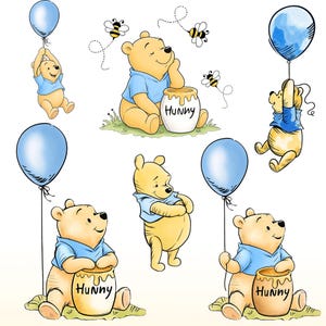 May include: A collection of illustrations featuring a yellow bear wearing a blue shirt, shown in various poses with blue balloons and honey pots labelled HUNNY, accompanied by small flying bees with dashed flight paths on a white background.