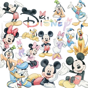 Pode incluir: Uma coleção de ilustrações de personagens da Disney com Mickey Mouse, Minnie Mouse, Pato Donald, Margarida, Pateta e Pluto dispostos em torno da palavra Disney. Os personagens são retratados em várias poses com seus trajes clássicos coloridos.
