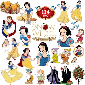 以下が含まれることがあります： 白雪姫、7人の小人、悪の女王、小屋などが描かれた114個のPNG画像デジタルコレクション。白雪姫や小人たちの様々なポーズ、森の動物、赤いリンゴ、赤い実のなる木などのグラフィックが含まれています。