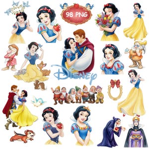 Può includere: Una raccolta di 98 illustrazioni digitali in formato PNG con Biancaneve, il Principe, i sette nani, la Regina cattiva e animali del bosco. La grafica include varie pose, una mela rossa, un bouquet di fiori e il logo Disney.