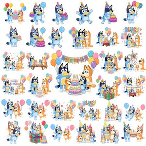 May include: A collection of Bluey and Bingo character stickers featuring birthday themes with cakes, balloons, presents, and party hats. The illustrations show the blue and orange dogs in various poses, some with the text Bluey or Happy Birthday.