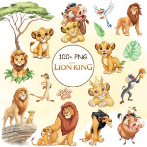 Op de afbeelding: Een digitale collectie van 100+ PNG-bestanden met personages uit The Lion King, waaronder Simba, Mufasa, Scar, Timon, Pumbaa, Zazu en Rafiki. De illustraties tonen diverse leeuwen, een stokstaartje, een wrattenzwijn, een neushoornvogel en een mandril.