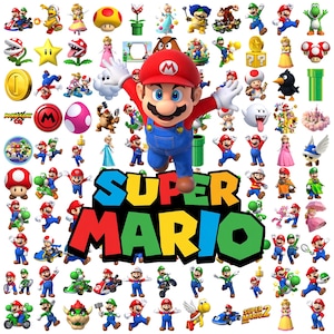 Op de afbeelding: Een grote verzameling Super Mario-karakterstickers met Mario in het midden en de tekst Super Mario eronder. De afbeelding bevat diverse figuren zoals Luigi, Prinses Peach, Toad, Bowser, Yoshi en items zoals sterren, munten en buizen.