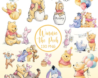 130+ Winnie the Pooh Watercolor Digital Kit, Baby Winnie the Pooh Clipart, Winnie the Pooh Watercolor Digital Kit,Pooh and Friends