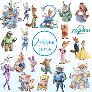Op de afbeelding: Een verzameling van 38 digitale PNG-illustraties met diverse antropomorfe dierlijke personages uit Zootopia, waaronder Judy Hopps, Nick Wilde, Flash en anderen in verschillende houdingen, outfits en groeperingen, met het Zootopia 2 logo.