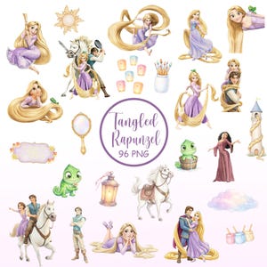 90+ Rapunzel akvarell PNG Clipart-paket prinsessfigur digitalt set