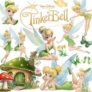 Peut inclure: Une collection d'illustrations de la Fée Clochette dans diverses poses avec des ailes translucides, des robes vertes et des cheveux blonds. Inclut une maison champignon, des fleurs jaunes, des papillons et le logo Walt Disney Pictures TinkerBell.
