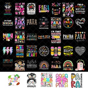 Könnte beinhalten: Sammlung farbenfroher Grafikdesigns mit dem Wort "PARA" und verwandten Themen. Designs umfassen Bleistifte, Regenbogen, Herzen und inspirierende Zitate. Für Para-Profis.