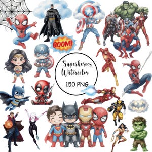 Puede incluir: Una colección de ilustraciones de superhéroes en acuarela que presenta personajes como Spider-Man, Batman, Iron Man, Hulk y Wonder Woman en varias poses. La imagen incluye una etiqueta circular central con el texto Superheroes Watercolor 150 PNG.