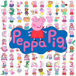 May include: A large collection of Peppa Pig character stickers featuring various poses, outfits, and birthday themes surrounding a central blue logo with the text Peppa Pig in pink. The characters include Peppa, George, and friends.