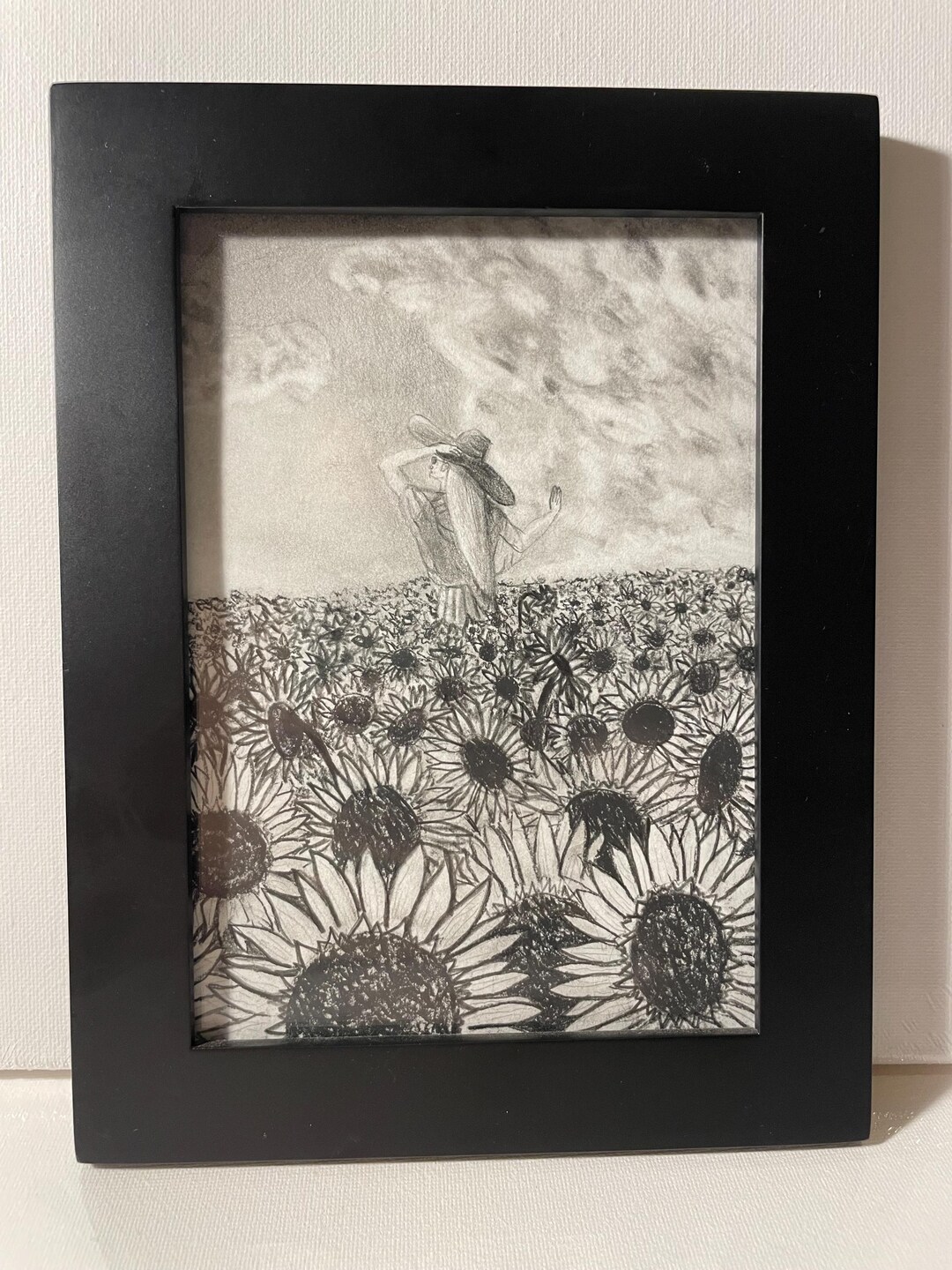 Sunflower Saunter- Original Pencil Drawing W/ Frame 8.5