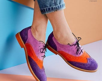 Handgemaakte damesschoenen in meerdere kleuren met vleugelneus, Oxford-model en vetersluiting, premium suède leren formele kantoorschoenen.