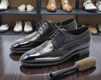 Handgemaakte zwarte leren wingtip brogues voor heren – elegante Derby- en Oxford-stijl schoenen