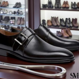 Könnte beinhalten: Ein Paar schwarze Lederschuhe mit Schnallenverschluss. Die Schuhe werden auf einer dunklen Holzoberfläche präsentiert, mit einer Schuhgeschäft-Auslage im Hintergrund. Ein silberner Schuhanzieher befindet sich im Vordergrund.