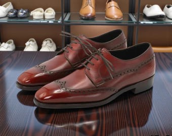 Handgemaakte bruine leren wingtip brogues voor heren – elegante derby- en oxford-stijl schoenen