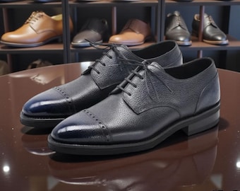 Handgemaakte tweekleurige leren herenschoenen met ronde neus – Brogue Derby & Oxford stijl geklede schoenen