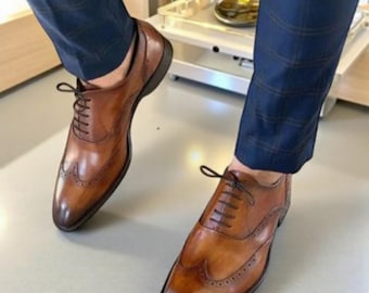 Handmade Men’s Burnished Brown Leather Wingtip Brogue Shoes | Classic Lace-Up Formal Dress Shoes | Elegant business office footwear