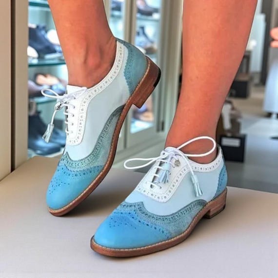 Stedmen Handmade Women’s Blue & White Leather Oxford Shoes – Classic Wingtip Brogue Lace-Up Dress Shoes | Timeless Handmade Formal Footwear