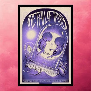 May include: A purple and white poster with the text "THE FALL OF IRON" at the top. The poster features two figures inside a glass jar, with a smaller jar containing a creature. The bottom of the poster has text.