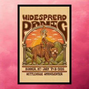May include: A vintage-style poster with the text "WIDESPREAD PANIC" in a retro font. The artwork features a cartoon figure riding a bison, set against a backdrop of mountains and a sunset. The poster includes the location and date of a concert.