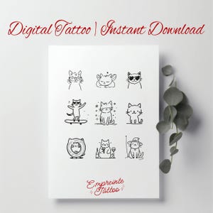 May include: A white print featuring nine black and white cat illustrations in various poses, including one on a skateboard and another wearing sunglasses. The text "Digital Tattoo | Instant Download" is at the top, and "Empreinte Tattoo" is at the bottom.