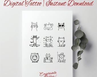 Cute Cat Tattoo Set | Minimalist Digital Tattoos | Kawaii Cat Line Art | Instant Download | Small Cat Flash Sheet