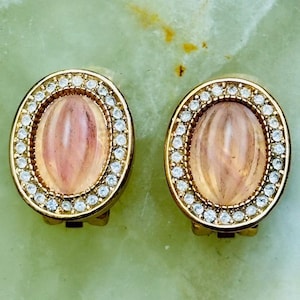 vintage 1980s Henkel GROSSE CHRISTIAN DIOR oval clip on earrings pink frosted glass rhinestone Deco