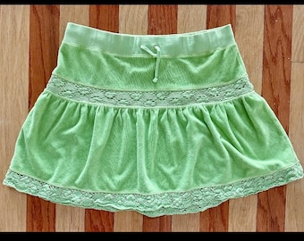 vintage 1990s JUICY COUTURE green terry Mini SKIRT tiered crochet lace trim L
