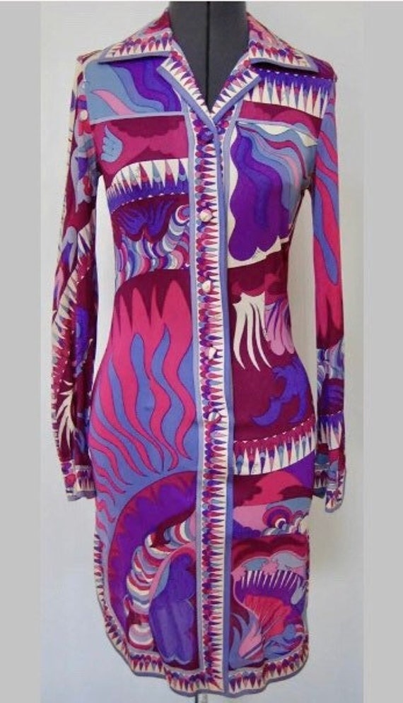 Emilio Pucci Purple/Black Rayon Printed Long Sleeve Dress Size Xs