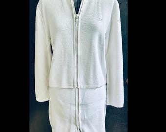 vintage 1990s COURREGES PARIS white knit Skirt Sweater Jacket Set chunky zip M L