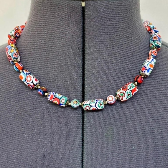 vintage 1970s MURANO Venetian Italy MILLEFIORI GLASS square bead necklace 18"