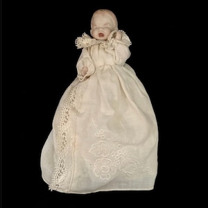 vintage bisque porcelain BYE LO Baby Doll 4.5&quot; ugly crying handkerchief dress