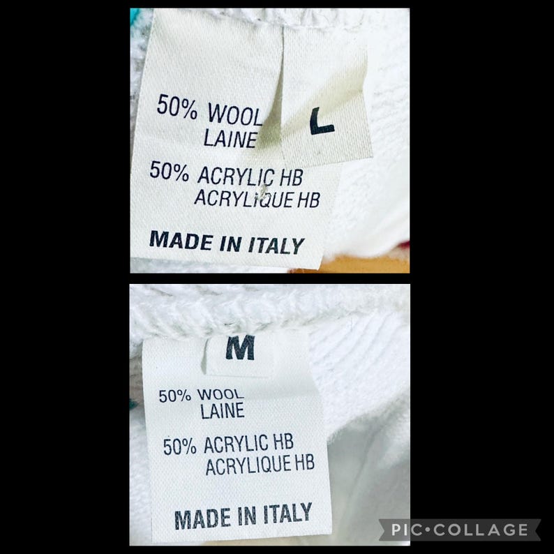 Op de afbeelding: Twee witte kledinglabels met zwarte tekst. Het bovenste label heeft een "L" en het onderste label heeft een "M". Beide labels lezen "50% WOOL LAINE", "50% ACRYLIC HB ACYLIQUE HB" en "MADE IN ITALY".