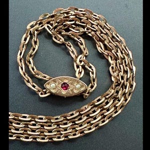 Antique CAM & Co. Gold Filled Slide Watch Chain Ruby Seed Pearl 25.5" Flawless