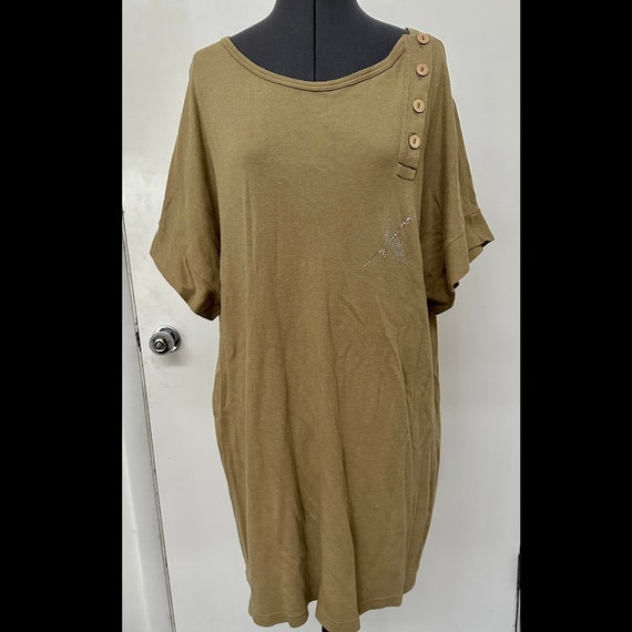 Krizia, vintage 1980s KRIZIA MAGLIA tan brown TSHIRT jersey knit dress rhinestone logo L