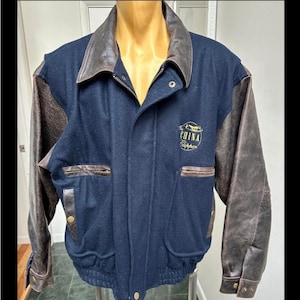 vintage 1990 CHINA CLIPPER chaqueta bomber de cuero de lana PENINSULA Hong Kong grande